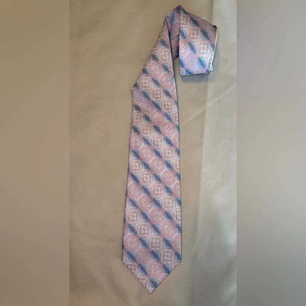 💰Bruno Piattelli XL Handmade 100% Silk Pink Blue Geometric Floral Neck Tie